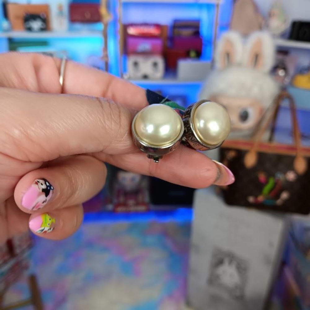 Chanel Silver Large Pearl Logo Clip On Earrings